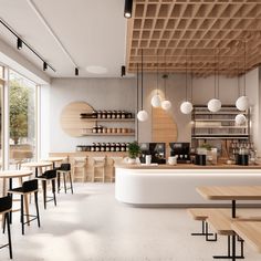 an empty restaurant with wooden tables and chairs