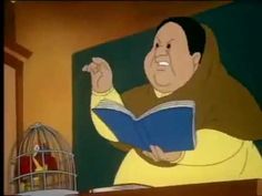 an animated man reading a book in front of a cage with a birdcage