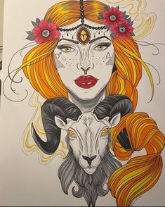 a drawing of a woman with long red hair and flowers on her head holding a goat