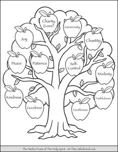 an apple tree with the names of different fruits and leaves on it, labeled in