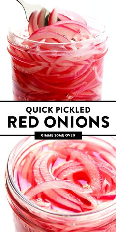 pickled red onions in a jar with text overlay that reads quick pickled red onions