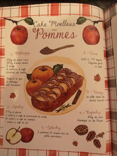 a recipe book with apples and cinnamons on the cover is open to show information about how to make cake mellow pommes