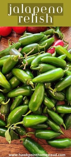 jalapeno relish on a cutting board with peppers in the background