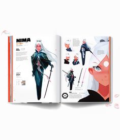 an open book with pictures of anime characters and text that reads nima on it