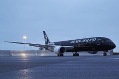 an air new zealand plane on the tarmac at dusk with lights in the background