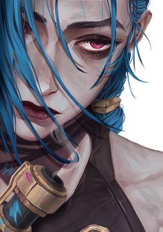 an anime character with blue hair and piercings on her face, holding a pipe