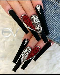 Black Red Gold Nails, Santa Muerte Nails, Black And Red Valentines Nails, Black Glam Nails, Fall Nail Ideas, Purple Acrylic Nails, Valentine Nail Art, Goth Nails, Nail Design Inspiration