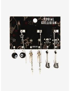 Social Collision Skull Guitar Cuff Earring Set | Hot Topic Rock Style Metal Jewelry For Streetwear, Punk Studs Jewelry For Concerts, Punk Jewelry With Studs For Concerts, Halloween Rocker Jewelry For Concert, Rocker Style Halloween Concert Jewelry, Rocker Studs Jewelry For Concert, Punk Metal Earrings For Concerts, Punk Style Metal Earrings For Concert, Edgy Earrings For Concert