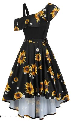 Printed Dress Patterns, Black Sunflower Dress, Off Shoulder Dress Casual, Sunflower Dresses, Dresses Sunflower, Low Waist Dress, Sunflower Clothing, Sunflower Dress, Ring Belt