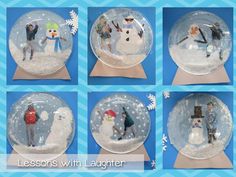 six snow globes with people in them