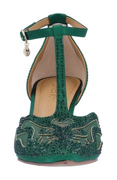 An ocean of rhinestones floods the vamp of a pointy-toe pump crafted with intricate cutouts and lacy mesh insets. Memory foam cushioning 2 3/4" heel Textile upper/synthetic lining and sole Imported Green Embellished Heels For Evening, Embellished Green Heels For Evening, Emerald Green Heels, Navy Pumps, Purple Pumps, Green Heels, Kitten Heel Pumps, Strap Pumps, The Vamps