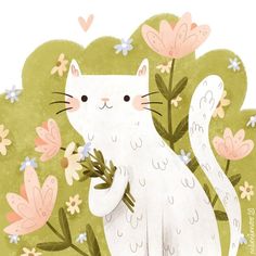 a white cat is holding a branch with pink flowers