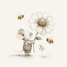 a painting of a mouse holding a flower and two bees