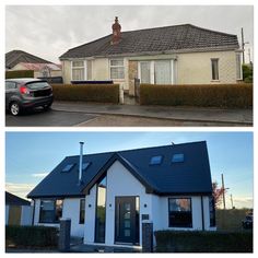 before and after photos of a house with blue roof tiles on the front, side by side