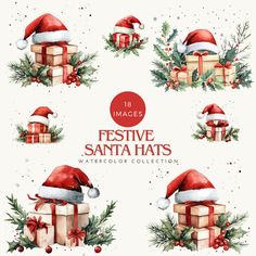 festive santa hats watercolor collection