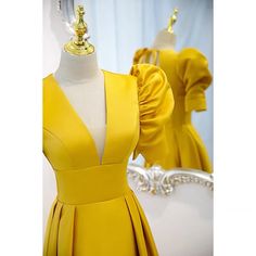 Fitted Bodice V-neck Dresses For Banquet, V-neck Mini Dress For Banquet, Elegant Yellow V-neck Midi Dress, Fitted A-line Yellow Evening Dress, Fitted Yellow A-line Evening Dress, Yellow Fitted A-line Evening Dress, Formal V-neck Mini Dress With Fitted Bodice, Fitted V-neck Long Sleeve Wedding Dress, Fitted V-neck Mini Dress For Banquet