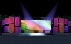 an empty stage with bright colored lights and spotlights on the wall, set up for a show