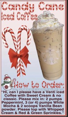 a poster advertising an iced coffee drink with candy canes on top and how to order it