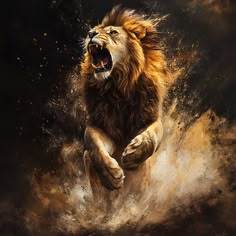 a lion is jumping in the air with its mouth open