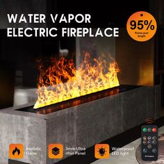 a fire place with the words water vapor electric fireplace on it's front and side