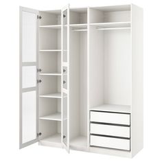 an open white closet with drawers and shelves on the bottom shelf is shown in front of a white background