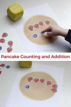 a person is making a paper cutout with strawberries on it and the words pancake counting and addition