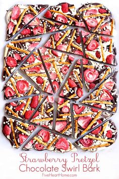 strawberry pretzel chocolate swirl bark is cut into squares and placed on top of each other