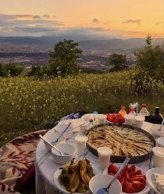 a table with food on it in the middle of a field