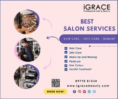 a flyer for a salon with images of hair products and the words best salon services