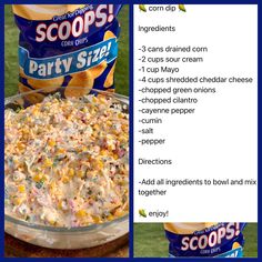 an image of a party size dip recipe with ingredients in the bottom right and on the left