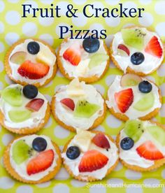 fruit and cracker pizzas on a green polka dot tablecloth with text overlay