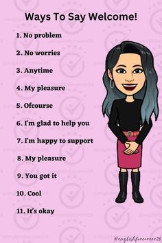 a cartoon girl standing in front of a pink background with the words, ways to say welcome