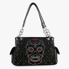 Brand New A Colorful Rhinestone Sugar Skull Gives Instant Wow-Factor To A Stunning Shoulder Bag. Comes With 1 Back Slip Pocket & 1 Conceal And Carry Zip Pocket. 2 End Pockets. 10" L Double Handles. Faux Leather With Lined Interior. Keep Organized With 2 Interior Slip Pockets, 1 Zip Pocket And 1 Center Zip Divider. Top Zip Closure. Silver Hardware. Approximate Size: 13.5l X 5h X 4.5w Black Embellished Handheld Shoulder Bag, Rectangular Shoulder Bag With Rhinestone Rivets For Everyday Use, Evening Black Bags With Rhinestone Rivets, Everyday Shoulder Bag With Rhinestones, Everyday Rhinestone Crossbody Shoulder Bag, Rhinestone Purse, Silver Handbag, Handwoven Bag, Gucci Bamboo