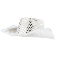 Light up the night with our white sequined cowboy hat! Featuring lights around the brim, this stunning hat will surely make you stand out from the crowd. Perfect for parties, concerts, and festivals. Make a statement and spread some sparkle wherever you go. - Different light modes White Brimmed Costume Hat For Rodeo, White Brimmed Rodeo Costume Hat, Western White Costume Hats And Headpieces For Summer, White Western Costume Hats And Headpieces For Summer, White Brimmed Hat For Rodeo, White Brimmed Costume Hats And Headpieces For Festivals, White Brimmed Festival Costume Hats And Headpieces, White Wide Brim Costume Hat For Festival, White Wide Brim Festival Hat