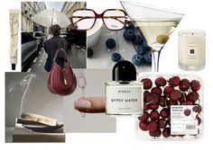 a collage of various items including glasses, a bottle of liquid and cherries