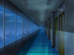 a long hallway with many windows and blue flooring on both sides is lit by the night sky