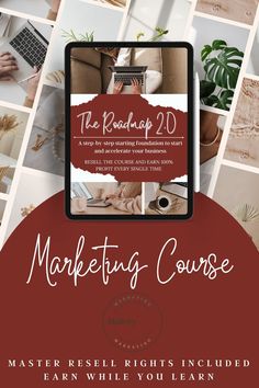 the marketing course is displayed on top of a table with many photos and text in it