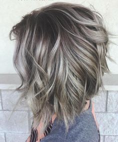 Gray Hair Highlights Silver Ash Blonde Long Bobs, Ash Brown Balayage Curtain Bangs, Medium Length Aline Bob, Beveled Haircut Medium, Ash Blonde Hairlights, Highlights Brown Wavy Hair, Dark Hair Short Cuts, Dark Brown Hair With Grey, Low Lights For Grey Hair Over 50