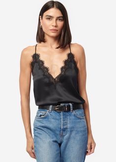 V-neckline, featuring a scallop lace trim Adjustable racerback straps Fulled lined Happy Hour Outfit, First Date Outfits, Satin Camisole, Lace Trim Cami, Cami Nyc, Satin Cami, Silk Camisole, Black Camis, Silk Charmeuse