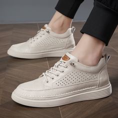 Beige Elevator Perforated Sneakers Add Height 2.4 inch / 6 cm European Hidden Heel Casual Skate Shoes Breathable Leather Skate Shoes With Round Toe, Breathable Round Toe Skate Shoes For Spring, Breathable Leather Skate Shoes, Spring Breathable Round Toe Skate Shoes, White Wingtip Lace-up Casual Shoes, Spring Lace-up Leather Shoes With Perforated Toe Box, White Lace-up Leather Shoes, Casual Leather Golf Shoes With Round Toe, Casual Leather Golf Shoes