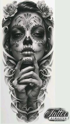 a black and white drawing of a woman with sugar skulls on her face