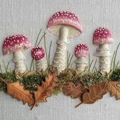 three small mushrooms sitting on top of grass