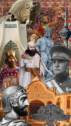 the collage shows many different people in ancient costumes, including men with beards and hats