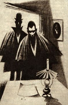 a drawing of two men standing in front of a table with a lamp on it