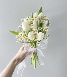 a hand holding a bouquet of white flowers