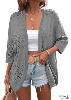 Summer Knit 3/4 Sleeves Grey Boho Cardigan V-neck Open Knit Cardigan For Day Out, Lightweight V-neck Cardigan For Fall, Summer Knit Outerwear For Layering, Lightweight Cardigan For Beach In Fall, Summer Knit Outerwear With Open Front, Summer Gray Long Sleeve Cardigan, Gray Long Sleeve Summer Cardigan, Casual Open Knit Outerwear For Summer, Oversized Summer Knit Cardigan