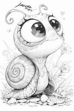 a cartoon snail with big eyes sitting on the ground in front of flowers and butterflies