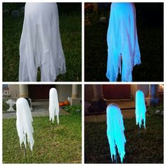 four different pictures of ghost decorations in the grass