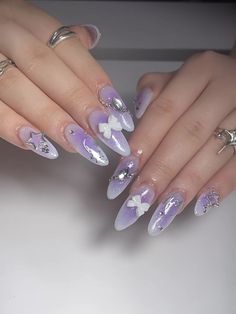 Purple Japanese Nails, Purple Design Nails Acrylic, Purple Charm Nails, 3d Purple Nails, Nail Designs Purple And White, Douyin Nails Purple, Nails For Prom Purple, Gel Nails Ideas Purple, Purple Kawaii Nails