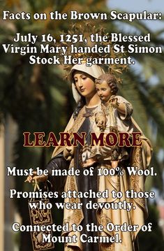 an image of the virgin mary and child jesus in front of palm trees with text that reads learn more